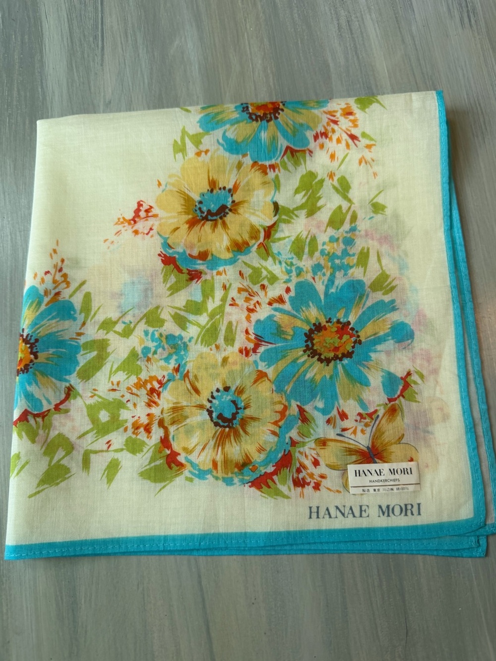 Hanae Mori Paris Floral Yellow Blue Scarf Bandana Neckerchief Cottagecore